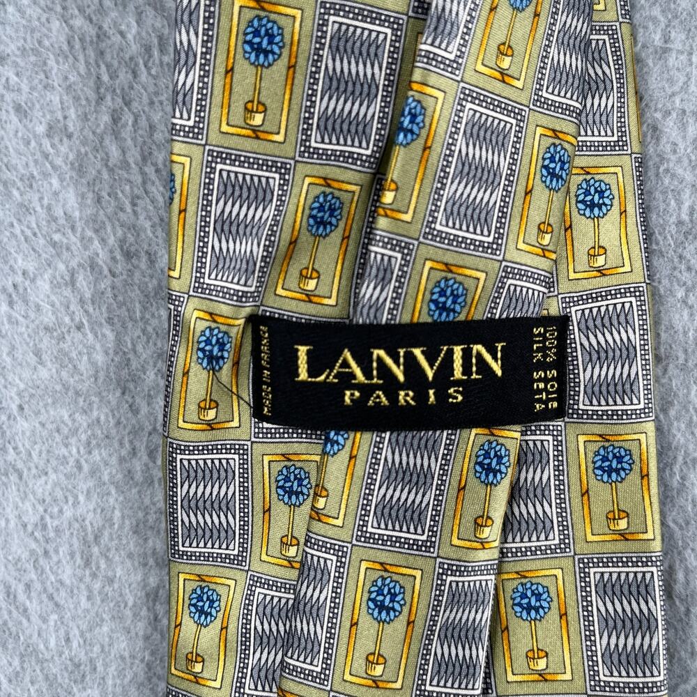 Lanvin Paris Necktie Blue Tree Gray Gold Geometric Silk Made In France Tie - Picture 6 of 8